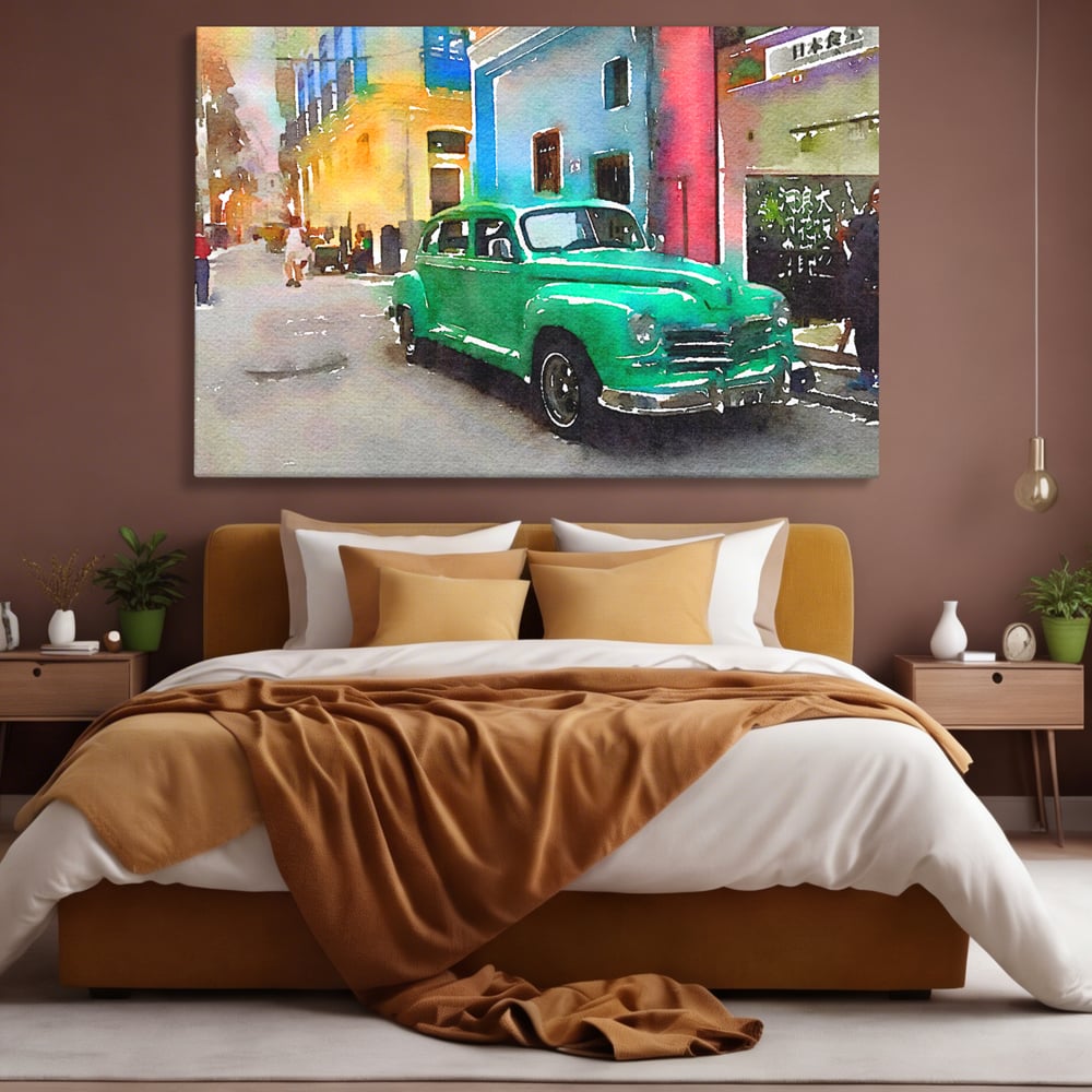 Tablou canvas cu tablou canvas cu masina de epoca, fara rama, pe sasiu de lemn, pe perete intr-un dormitor